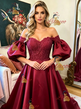 Burgundy Satin Lace Puff Sleeve Prom Dress