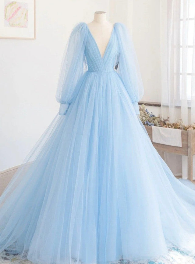 Light Blue Tulle Backless Long Sleeve Prom Dress