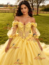 Yellow Tulle Long Sleeve Flower Quinceanera Dress