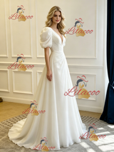 White V-neck Puff Sleeve Pleats Wedding Dress