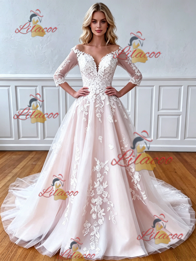 Tulle Appliques Long Sleeve Wedding Dress
