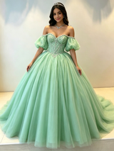 Green Tulle Puff Sleeve Beading Quinceanera Dress