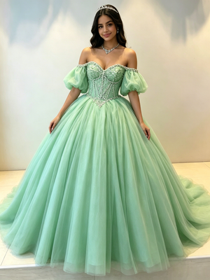 Green Tulle Puff Sleeve Beading Quinceanera Dress