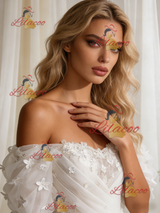 White Mermaid Lace Puff Sleeve Flower Wedding Dress