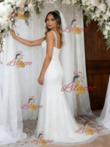 White Straps Pearls Wedding Dress