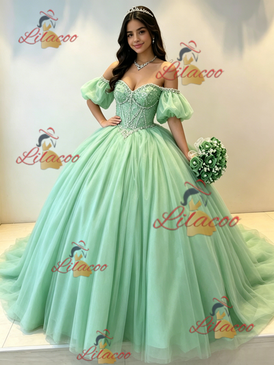 Green Tulle Puff Sleeve Beading Quinceanera Dress