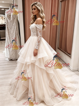 Champagne Tulle Long Sleeve Lace Wedding Dress