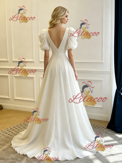 White V-neck Puff Sleeve Pleats Wedding Dress