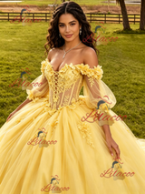 Yellow Tulle Long Sleeve Flower Quinceanera Dress