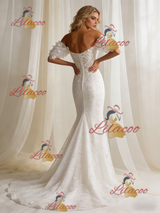 White Mermaid Lace Puff Sleeve Flower Wedding Dress