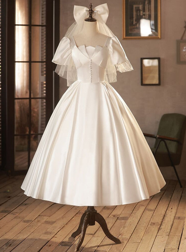 White Satin Short Sleeve Button Wedding Dress