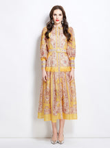 Retro Lapel Print Slim Long Dress