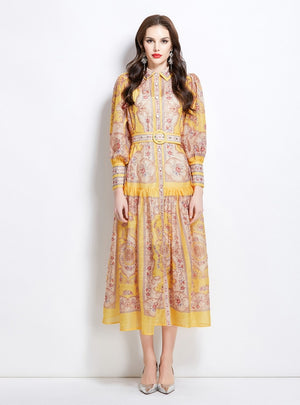 Retro Lapel Print Slim Long Dress