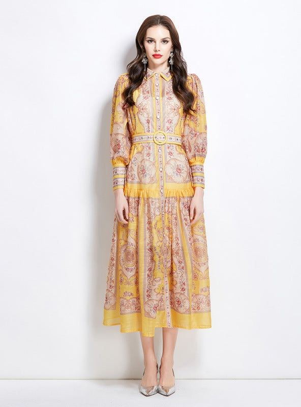 Retro Lapel Print Slim Long Dress