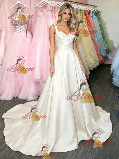 White Satin Straps Flower Prom Dress