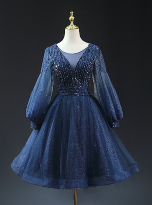 Navy Blue Sequins Long Sleeve Homecoming Dress