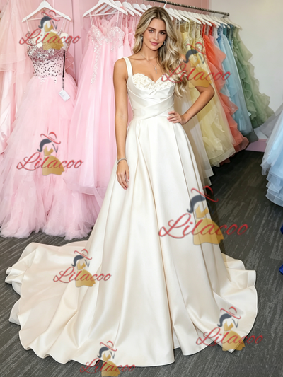 White Satin Straps Flower Prom Dress
