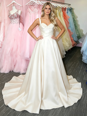 White Satin Straps Flower Prom Dress