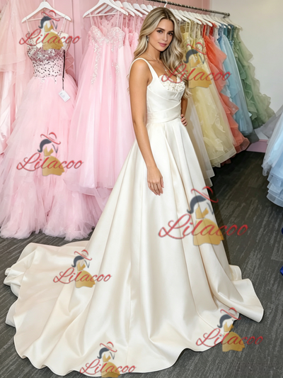 White Satin Straps Flower Prom Dress