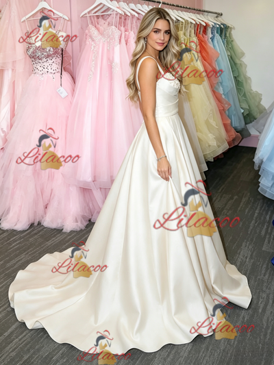 White Satin Straps Flower Prom Dress
