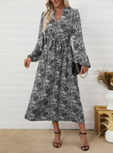 Ethnic Printed V-neck Long-sleeved Dress