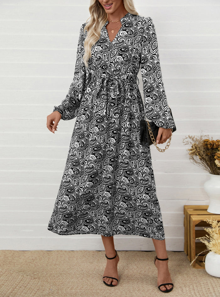Ethnic Printed V-neck Long-sleeved Dress