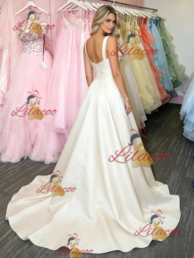 White Satin Straps Flower Prom Dress