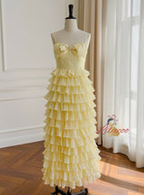 Yellow Sleeveless Suspender Bow Dress