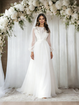White Tulle Long Sleeve Pleats Wedding Dress