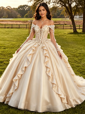 Champagne Satin Long Sleeve Appliques Quinceanera Dress