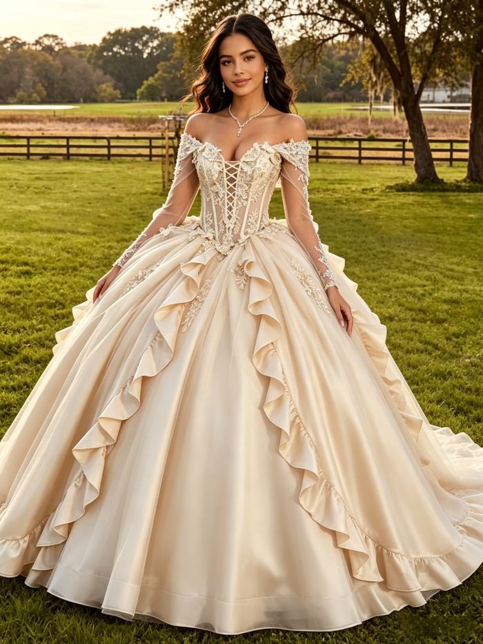 Champagne Satin Long Sleeve Appliques Quinceanera Dress