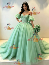 Green Tulle Puff Sleeve Beading Quinceanera Dress