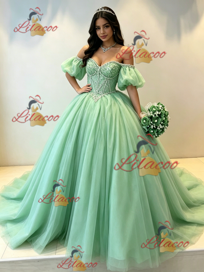 Green Tulle Puff Sleeve Beading Quinceanera Dress