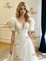 White V-neck Puff Sleeve Pleats Wedding Dress