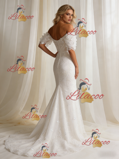 White Mermaid Lace Puff Sleeve Flower Wedding Dress