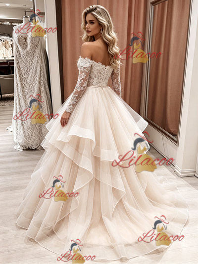Champagne Tulle Long Sleeve Lace Wedding Dress