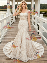 Champagne Mermaid Lace Cap Sleeve Wedding Dress