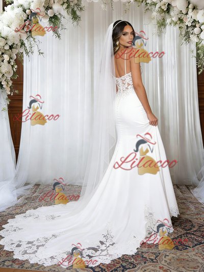 White Mermaid Straps Lace Wedding Dress