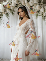 White Lace V-neck Long Sleeve Wedding Dress