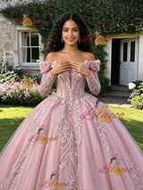 Pink Tulle Off the Shoulder Long Sleeve Quinceanera Dress