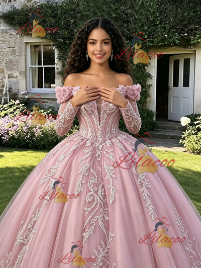 Pink Tulle Off the Shoulder Long Sleeve Quinceanera Dress