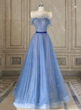 Blue Tulle Sequins Prom Dress