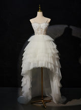 White Tulle Hi Lo Tiers Sequins Wedding Dress