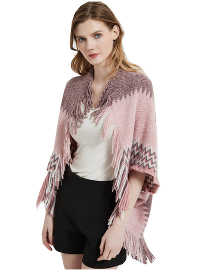 Ladies Knitted Bat Sleeve Fringed Shawl