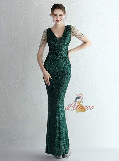 V-neck Mermaid Sequins V-neck Beading Prom Dress