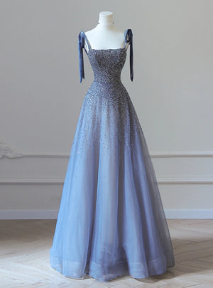 Blue Tulle Beading Straps Prom Dress