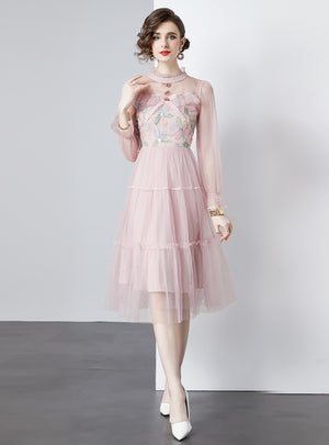 Lace Gauze Long Sleeve Dress