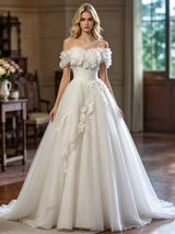 White Tulle One Shoulder Appliques Weding Dress
