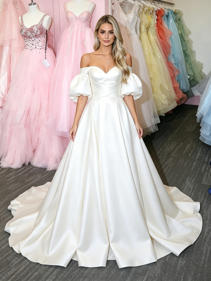 White Satin Puff Sleeve Prom Dress