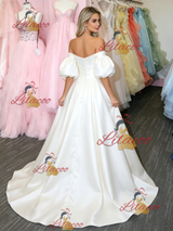 White Satin Puff Sleeve Prom Dress